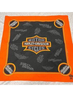 Vtg Harley Davidson Bandana 50/50 Made In USA Orange Black Emblems Official
